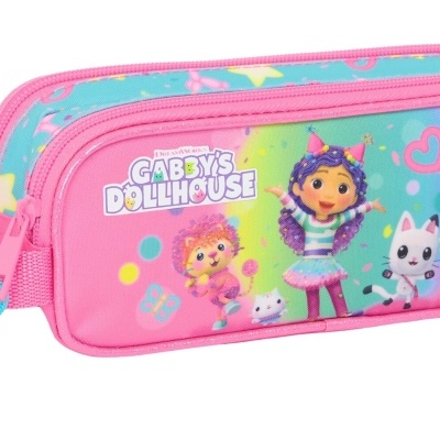 Estojo escolar rosa com personagens coloridos e texto CABBY'S DOLLHOUSE