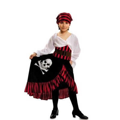 Fantasia de pirata para criança com blusa branca, saia preta e vermelha com âncora branca, e lenço listrado.