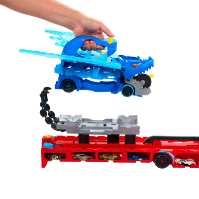 Brinquedo de pista Hot Wheels com dragão azul e carrinhos miniatura