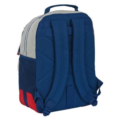 Mochila azul escuro com detalhes cinzento claro e vermelho vista pela parte das alças
