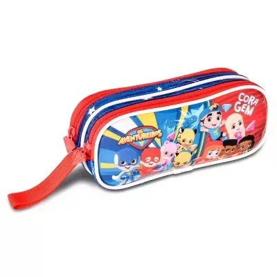 Estojo escolar retangular com estampa colorida dos The Adventurers e texto CORAGEM