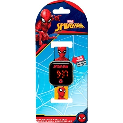 Relógio digital LED infantil Marvel Spiderman em embalagem azul com teia de aranha
