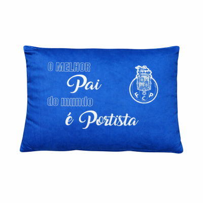 Almofada azul com texto e logótipo do FC Porto