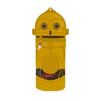 Saco de moinho amarelo em forma de robô com pequeno boneco branco pendurado