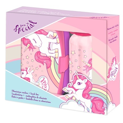 Caixa de presente com design de unicórnios cor-de-rosa e arco-íris