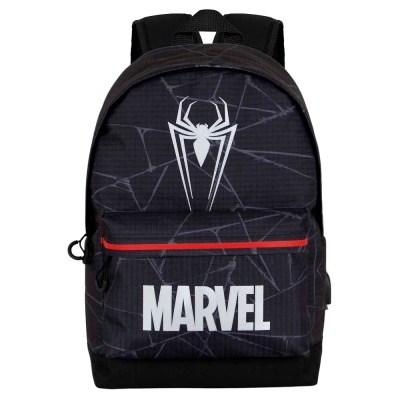 Mochila preta com símbolo de aranha branca e texto MARVEL na frente