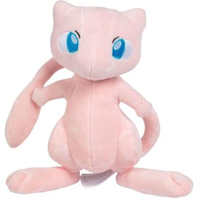 Pelúcia rosa do personagem Mew com olhos grandes azuis e pretos