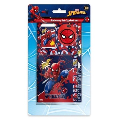 Conjunto de material escolar do Homem-Aranha com borracha, apontador e bloco notinhas em azul e vermelho