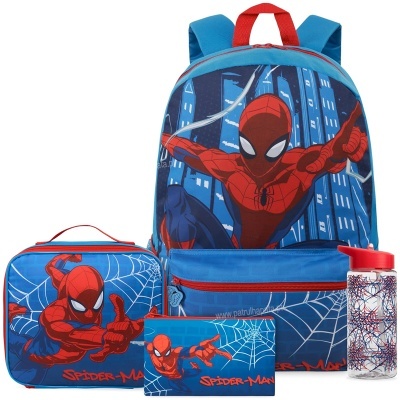Conjunto escolar Homem-Aranha azul e vermelho com mochila, lancheira, estojo e garrafa