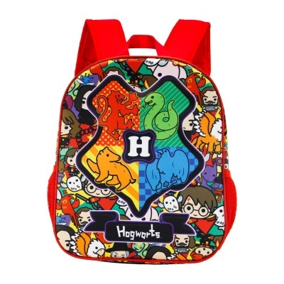 Mochila infantil vermelha com estampado colorido de Hogwarts.