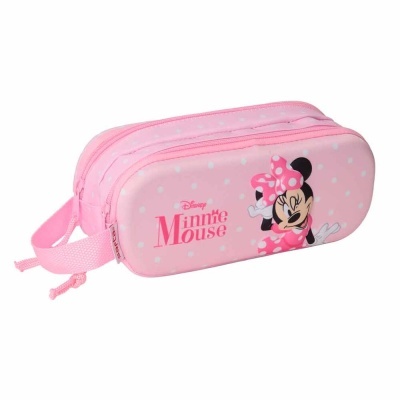 Estojo escolar rosa com estampa da Minnie Mouse e bolinhas brancas