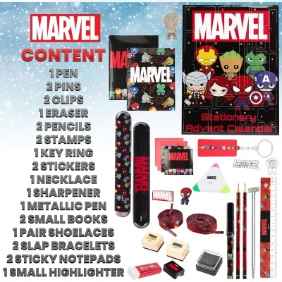 Conjunto de material escolar Marvel com vários itens e calendário do advento