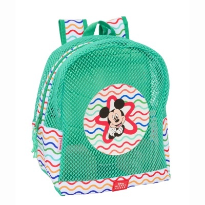 Mochila infantil verde com rede, padrão ondulado colorido nas alças e desenho do Mickey Mouse