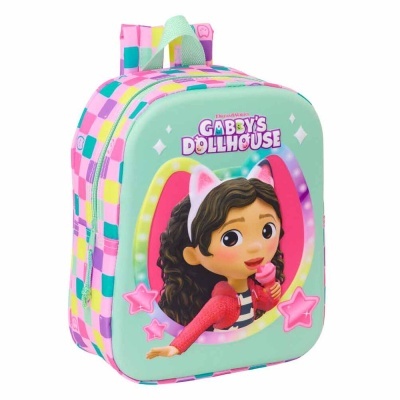 Mochila infantil colorida com personagem animada e texto GABBYS DOLLHOUSE