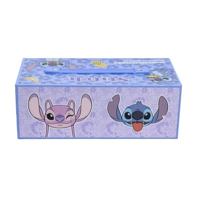 Caixa lilás com ilustrações dos personagens Stitch e Angel da Disney
