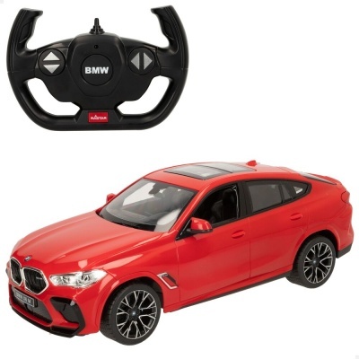 Carro de brinquedo BMW X6 vermelho com comando remoto preto.