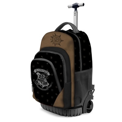 Mochila de rodas castanho e preta com emblema Hogwarts