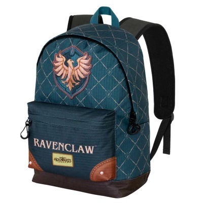 Mochila azul Ravenclaw com símbolo de águia, texto e detalhes em marrom e preto.