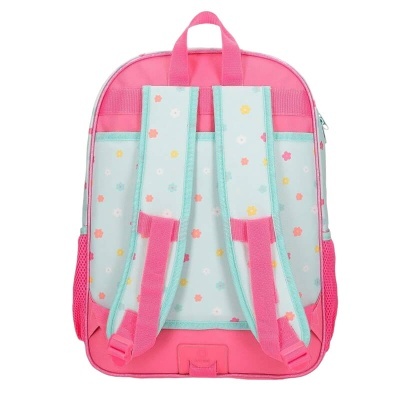 Mochila azul claro com flores e detalhes cor de rosa