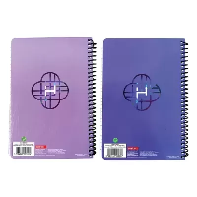 Dois cadernos espiralados com capas roxa e azul e padrão geométrico