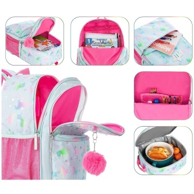 Mochila infantil unicórnios rosa com vários compartimentos e chaveiro pompom