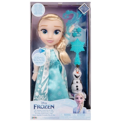 Boneca Disney Frozen vestida de azul com acessórios e boneco Olaf numa caixa de embalagem