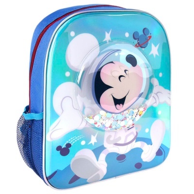 Mochila infantil azul com desenho do Mickey astronauta e detalhes brilhantes no capacete