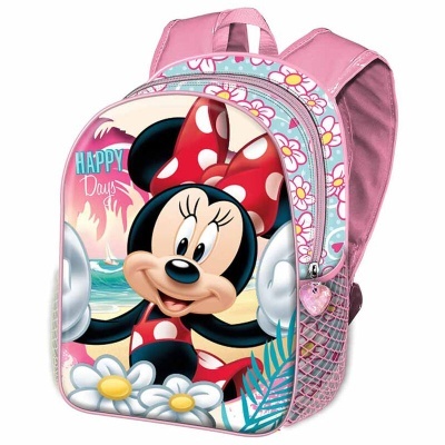 Mochila infantil rosa com imagem da Minnie Mouse e padrão floral