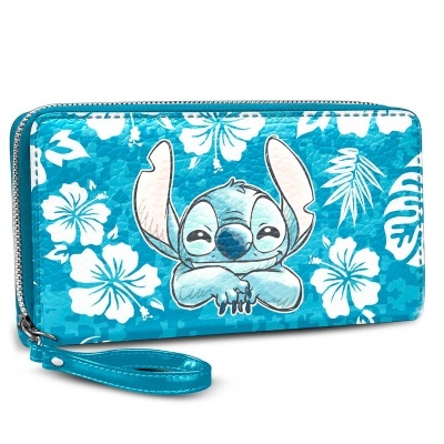 Carteira azul com padrão de flores e personagem Stitch