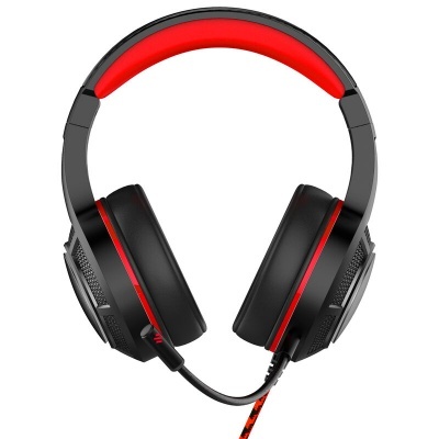 Auricular de jogo preto e vermelho com microfone e cabo trançado