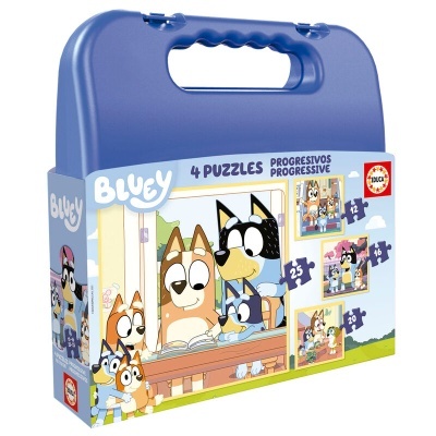Estojo azul com 4 puzzles progressivos do Bluey para crianças