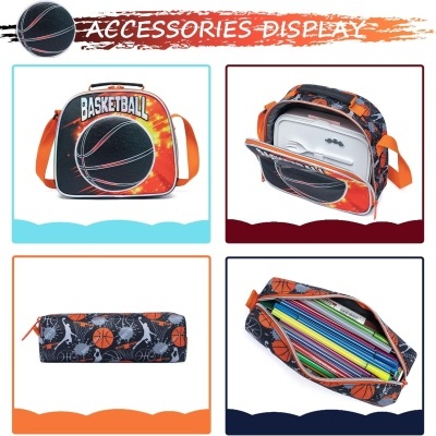 Conjunto com mochila e estojo escolares com padrão de basquetebol nas cores preto e laranja