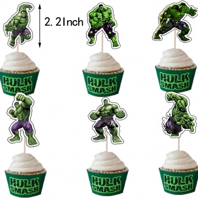 Toppers para bolos com tema Hulk, imagens verdes em acção, base verde com texto HULK SMASH.