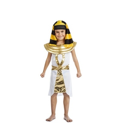 Fato egípcio infantil branco e dourado com touca preta e dourada.