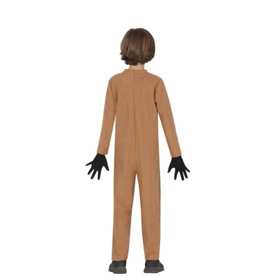 Macacão castanho para criança visto de costas com luvas pretas