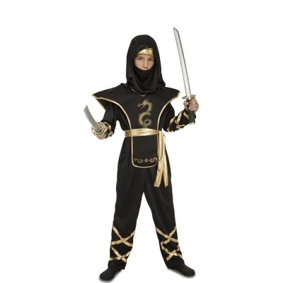 Fato de ninja preto com detalhes dourados para criança