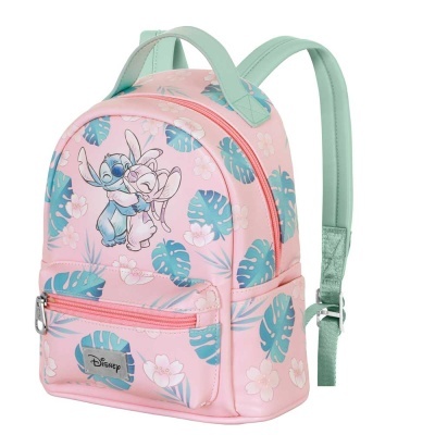 Mochila infantil rosa com personagens Stitch e Angel, folhas azuis e flores brancas