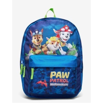 Mochila azul da Paw Patrol com personagens e texto colorido