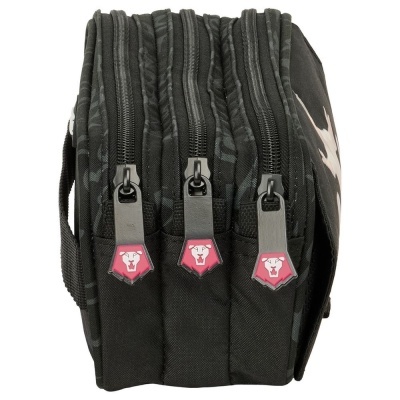 Mochila ou estojo preto com três zíperes e puxadores com ícone de cachorro