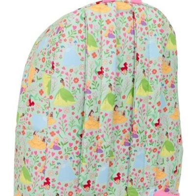 Mochila floral com princesas e alças cor de rosa