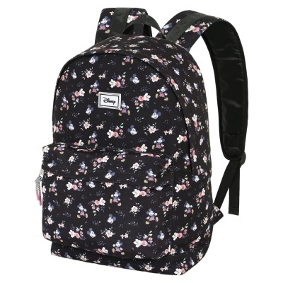 mochila preta flores pequenas alças acolchoadas Disney