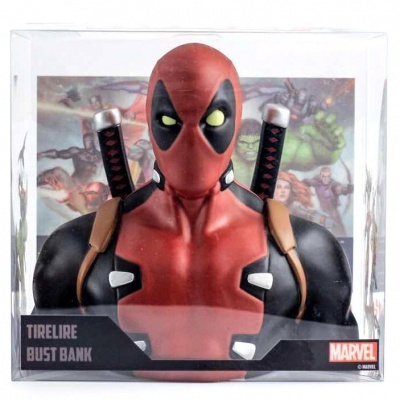 Mealheiro em forma de busto do Deadpool em caixa transparente