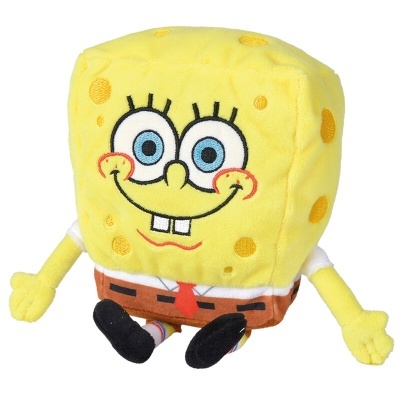 Pelúcia SpongeBob amarela, quadrada, com olhos azuis e roupa marrom