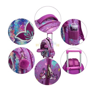 Mochila infantil roxa com sereias e rodas, detalhada em várias imagens