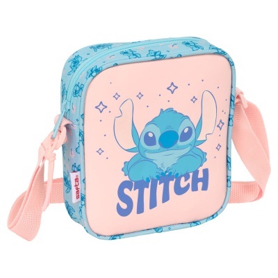 Mala quadrada azul e rosa com personagem Stitch e texto STITCH