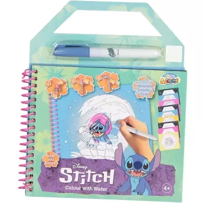 Livro de colorir Disney Stitch reutilizável com caneta de água azul e capa verde com flores laranja