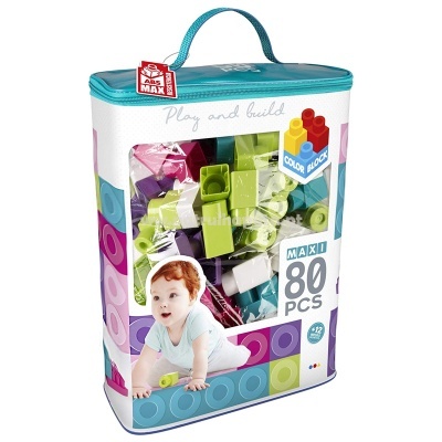 Saco de brinquedos Color Block com bloco de construção e criança na embalagem