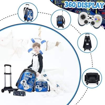 Conjunto de bagagem infantil azul e preto com padrão de comando de jogos