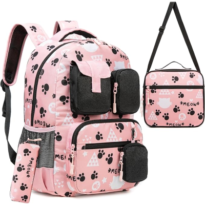 Mochila escolar rosa com padrão de patas preta e palavra MEOWE, estojo e bolsa térmica rosa