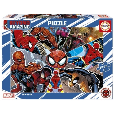 Puzzle Homem-Aranha 1000 peças com várias imagens do personagem em fundo azul e branco
